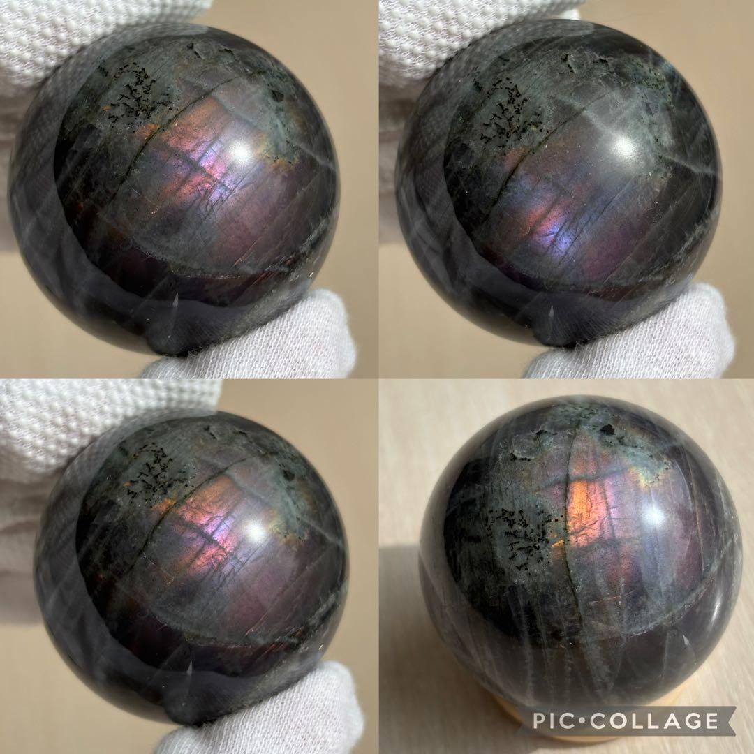 ピンク系ブルー系の2色シラー入り　ラブラドライト　スフィア　天然石