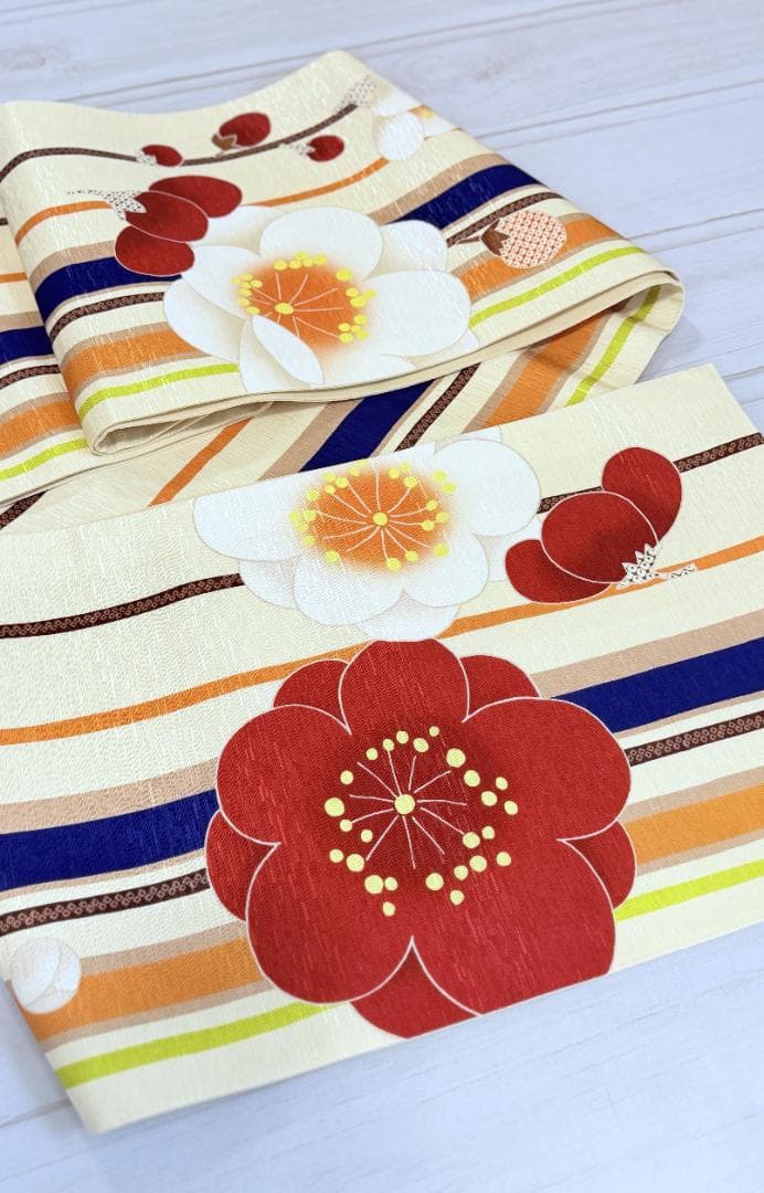 帯７　WA.KKA　梅の花・枝とおみくじ京袋帯　アイボリー系　約３７６×３１