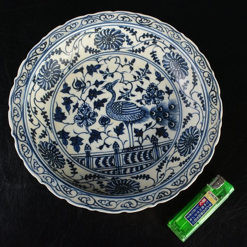 中国　青花　鳥纏枝花卉文盤　V　R6802E