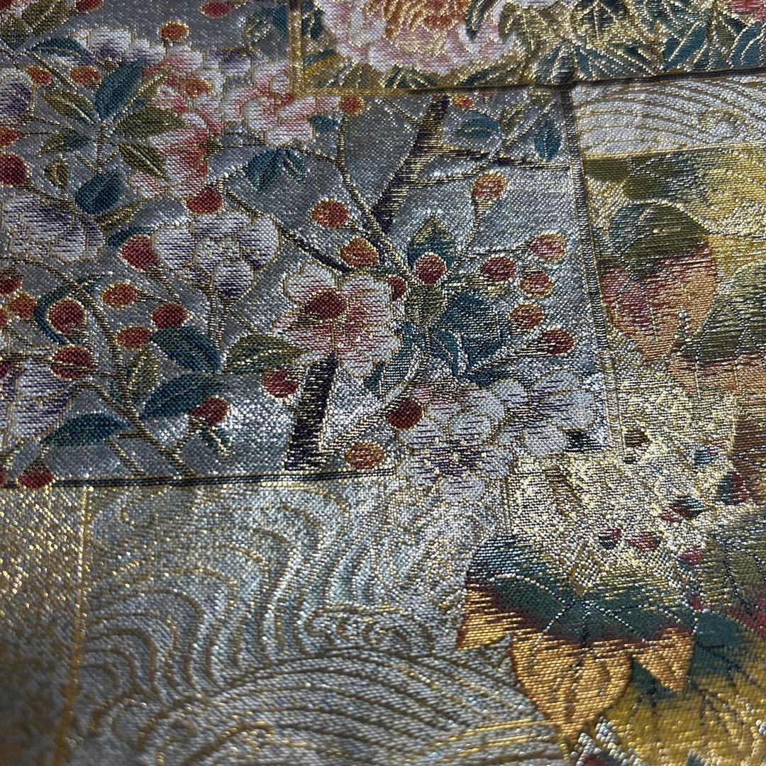 証紙付き！純金平織りプラチナ箔／裏表全通‼️近代花鳥画袋帯♡