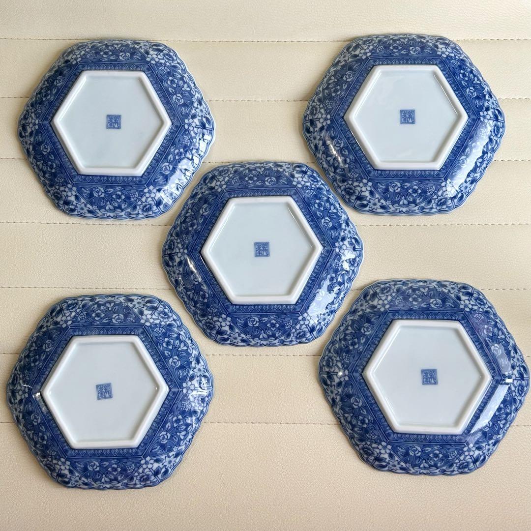 三洋陶器　龍峰窯　染付更紗　六角皿　銘々皿揃　5枚セット　中皿　和皿　花柄　輪花