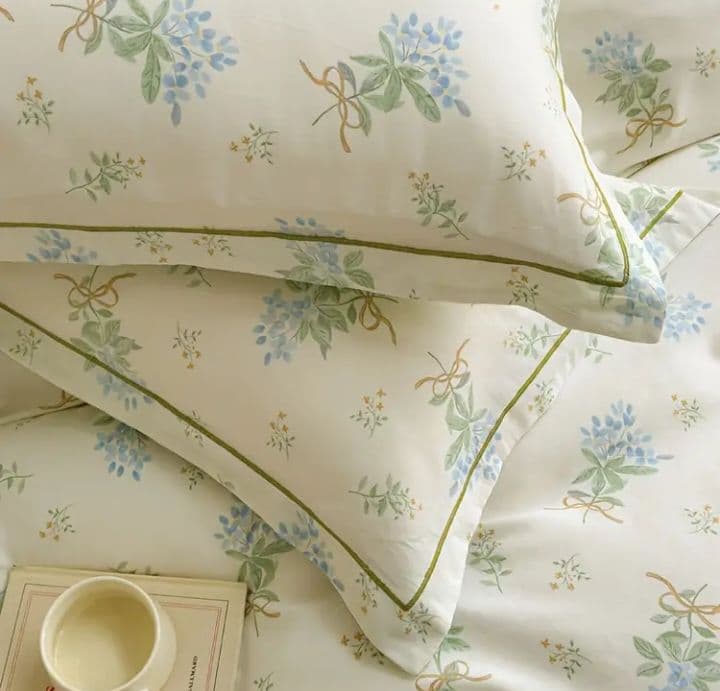 新品★綿100%ブルーすみれ花束とリボンのシングル布団カバーと枕カバー３点セット
