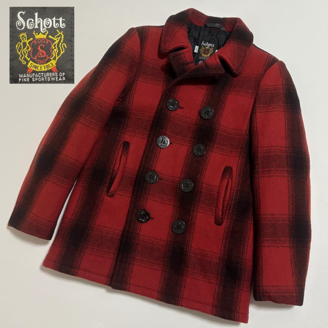 SCHOTT ピーコート USA製 オンブレチェック キルティング S 赤 黒