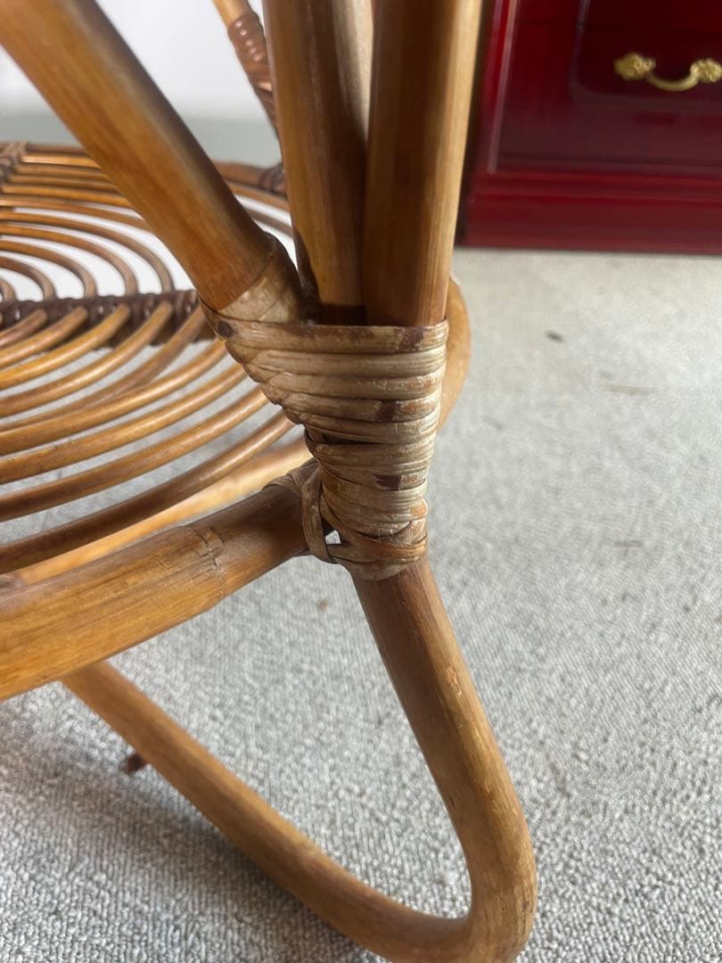 高級ラタン 丸テーブル ガラス天板 昭和レトロ ビンテージ　藤　アンティーク