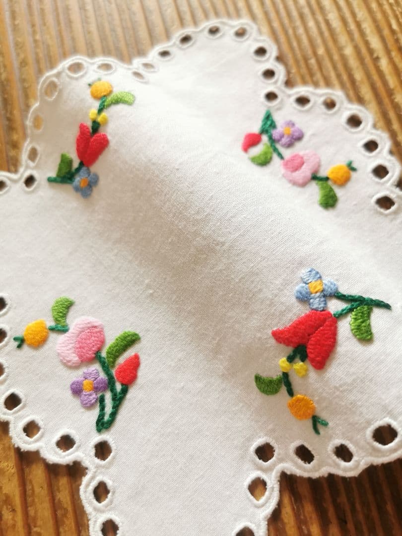 アンティークハンガリー/ カロチャ刺繍 スカラップアイレットドイリー