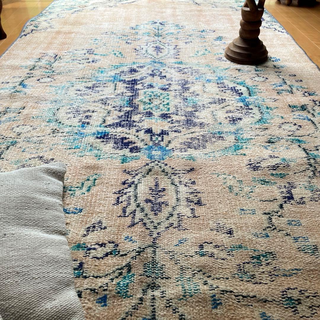 99×222 ペールベージュ×ブルー　メダリオン　擦れトルコヴィンテージラグ