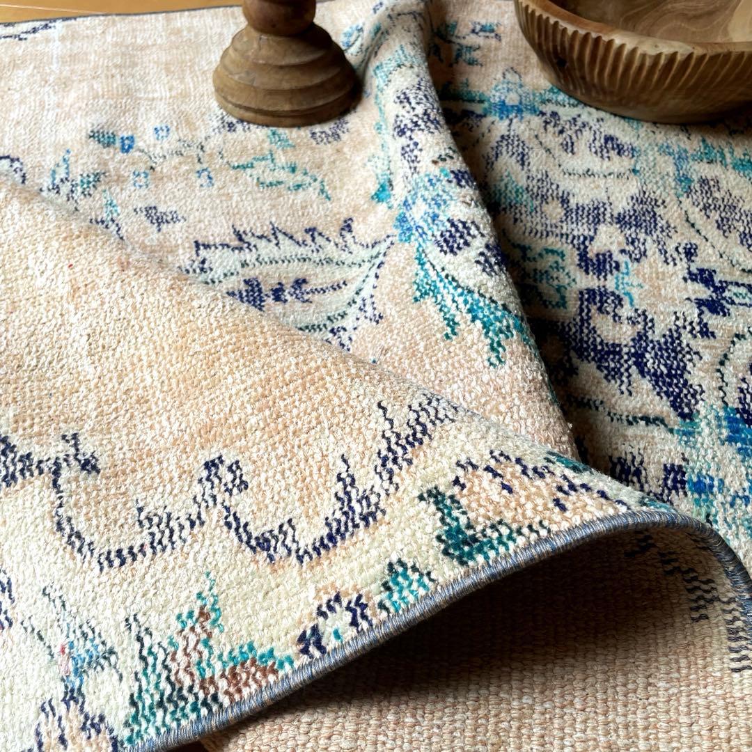 99×222 ペールベージュ×ブルー　メダリオン　擦れトルコヴィンテージラグ