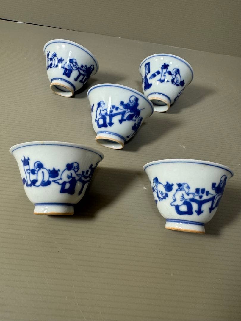 2388  九谷焼　染付　青花　猪口　5客　時代物