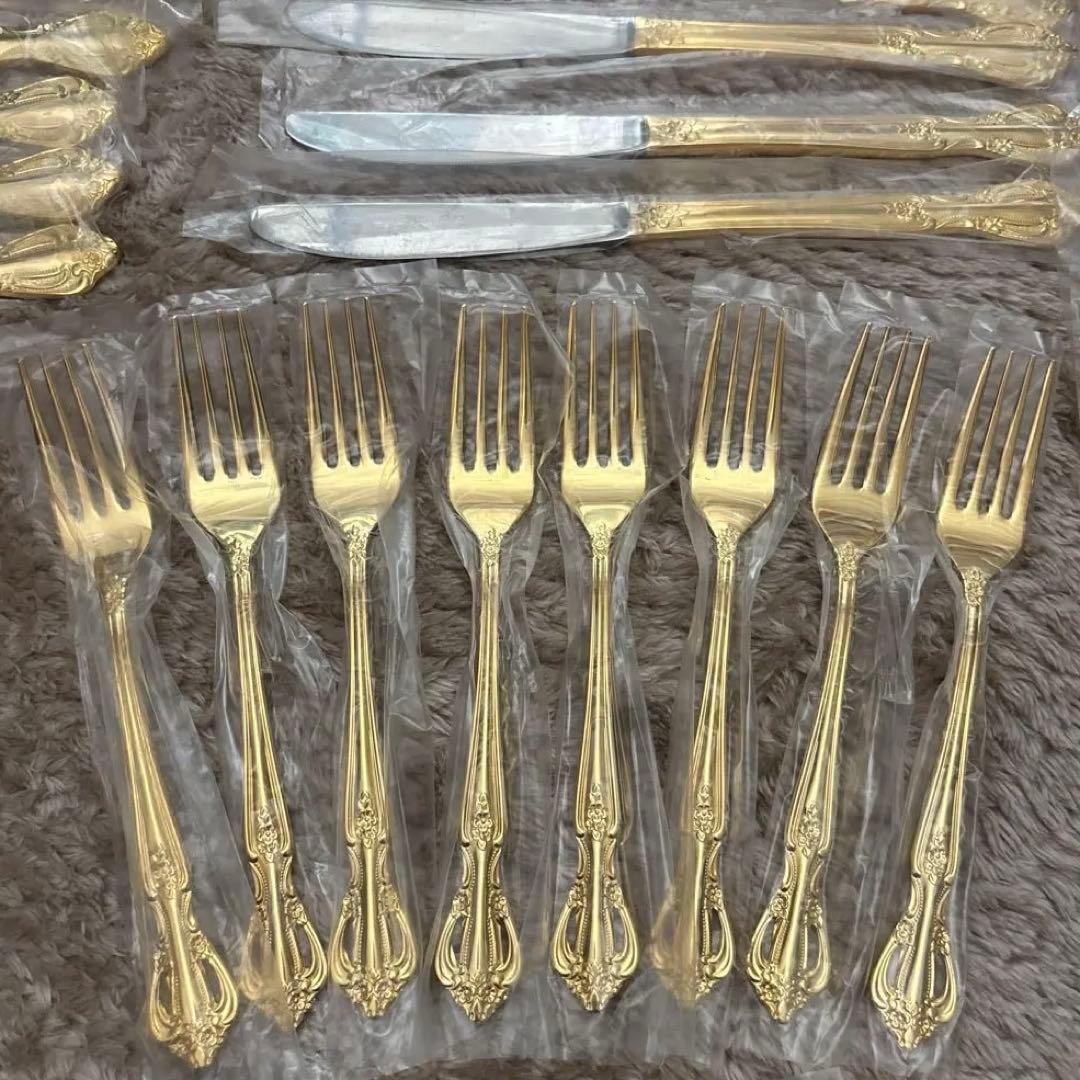 【未使用】サンクラフト 24金仕上げ カトラリーセット 55点 8客用 木箱付