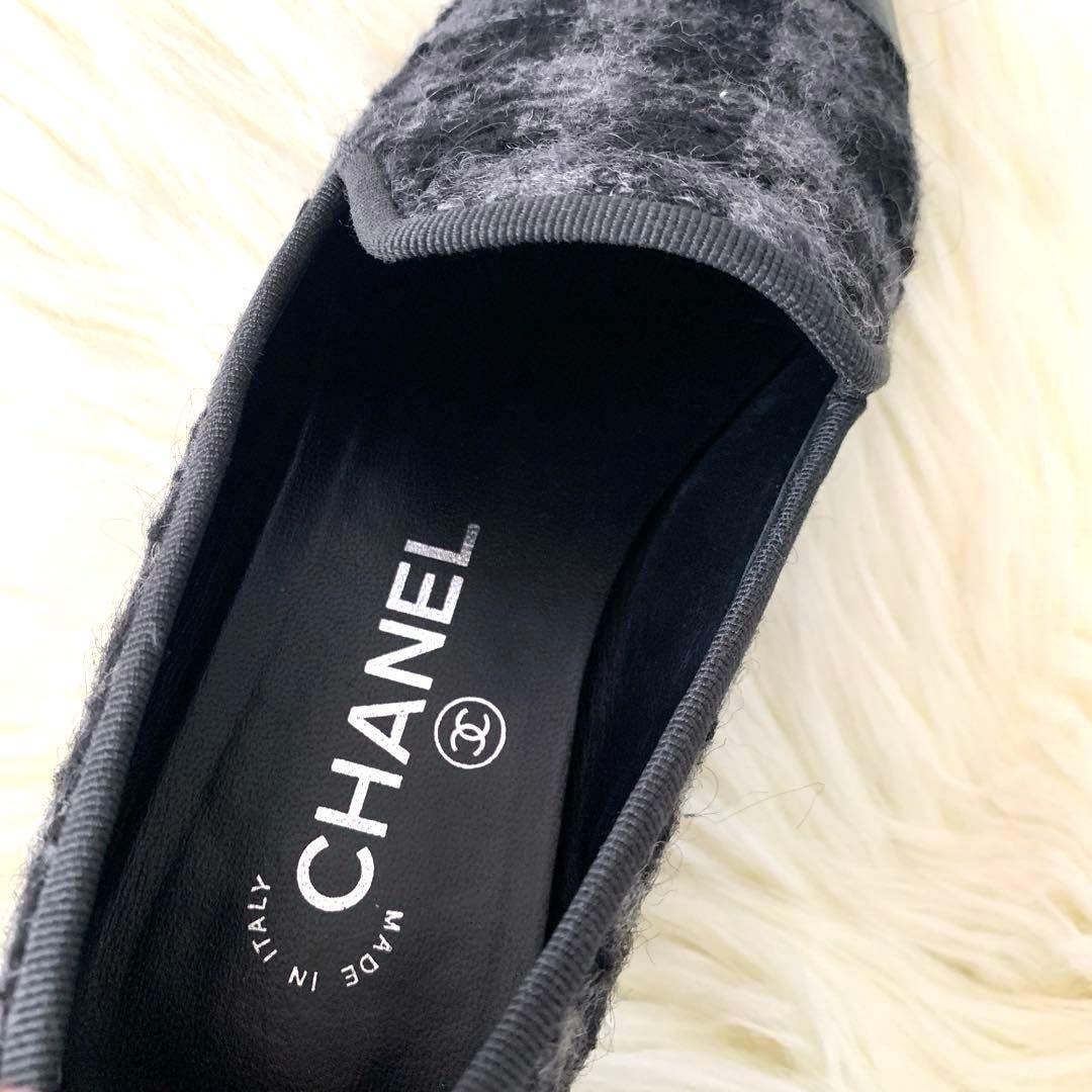 CHANEL チェック柄ツウィードパンプスフラットシューズ351/2 22.5