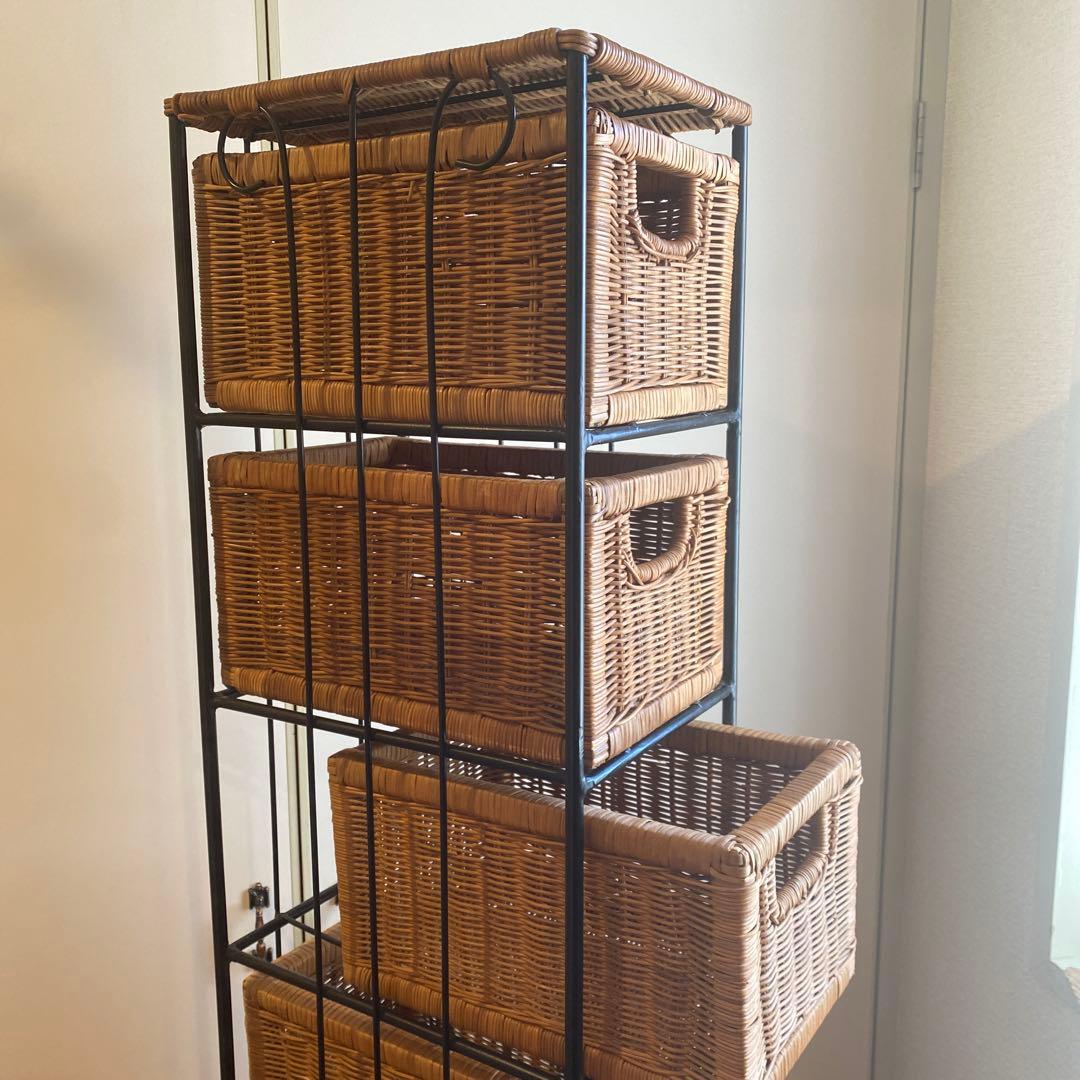 黒アイアン ラタンラック×8引出し バスケット棚 キャスター付 昭和レトロ