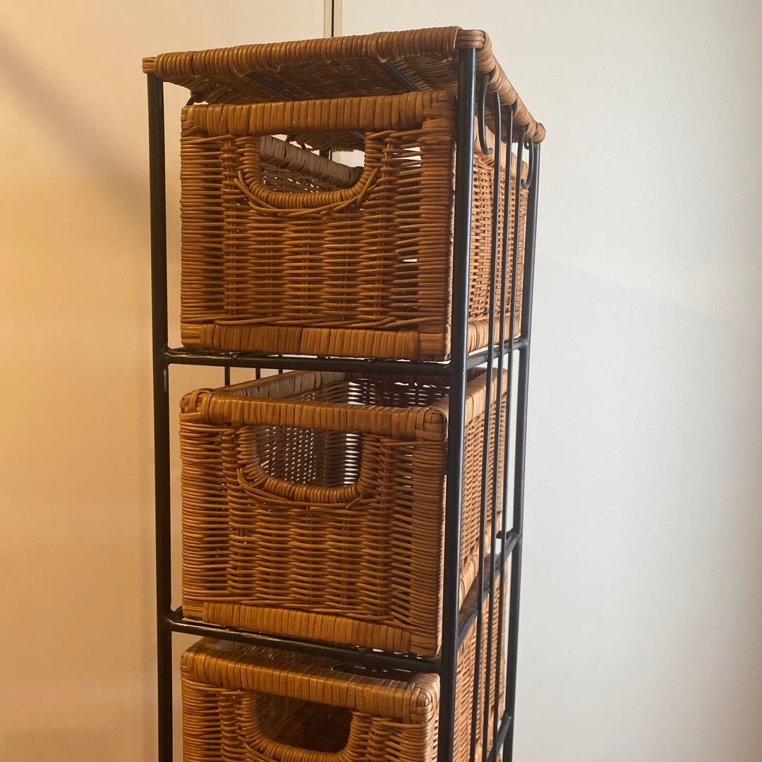 黒アイアン ラタンラック×8引出し バスケット棚 キャスター付 昭和レトロ