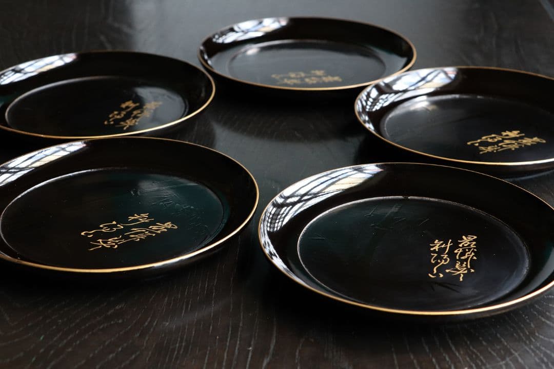 木製漆器 時代 竹図 闇蒔絵 黒塗銘々盆 十九客 15.8cm 木皿 MA17