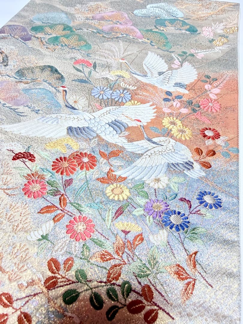 高級 袋帯 正絹 六通柄 九百錦 シャンパンゴールド 唐織 丹頂鶴 訪問着