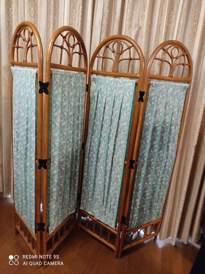 パーティション　衝立　　ラタン ぬく家具　籐　竹　バスケット　レース　刺繍