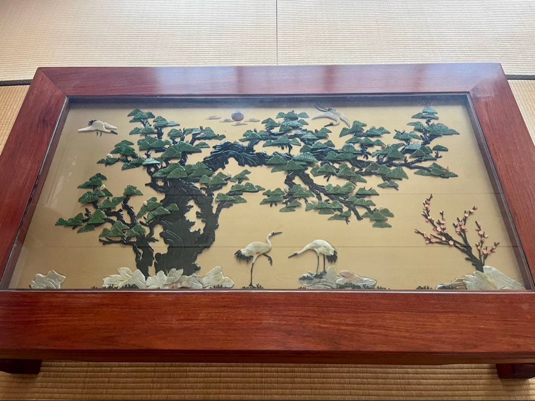 【希少品】骨董 アンティーク 松鶴ガラストップ座卓