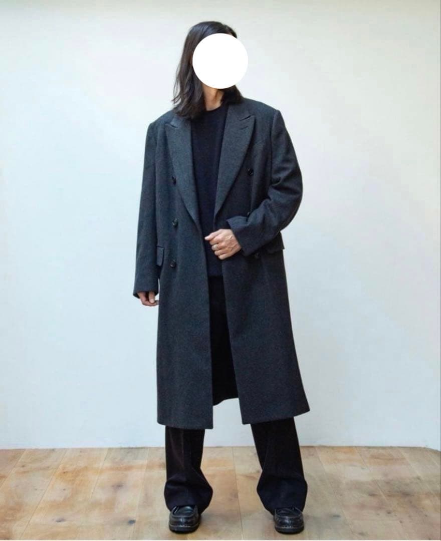 COMOLI、ウールヘリンボーンダブルチェスターコート、サイズ２