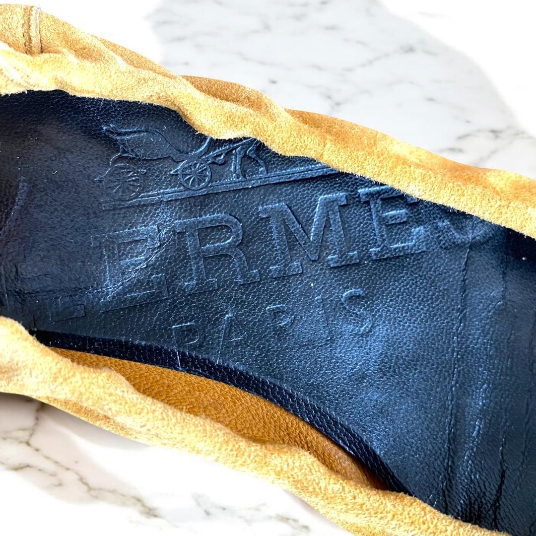 靴 HERMES Suede Ballet Shoes Pumps Camel