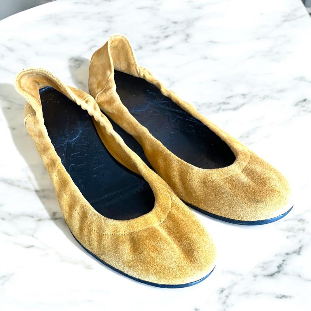 靴 HERMES Suede Ballet Shoes Pumps Camel