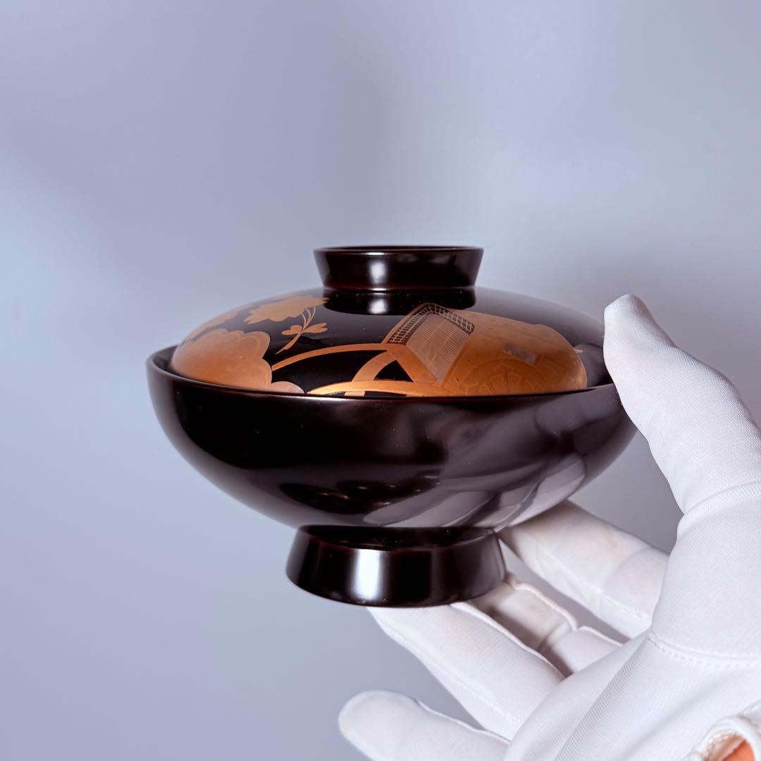 輪島塗　武田漆器店　金蒔絵牛車桜文吸物椀　国産漆100％使用　共箱　資産家特注品