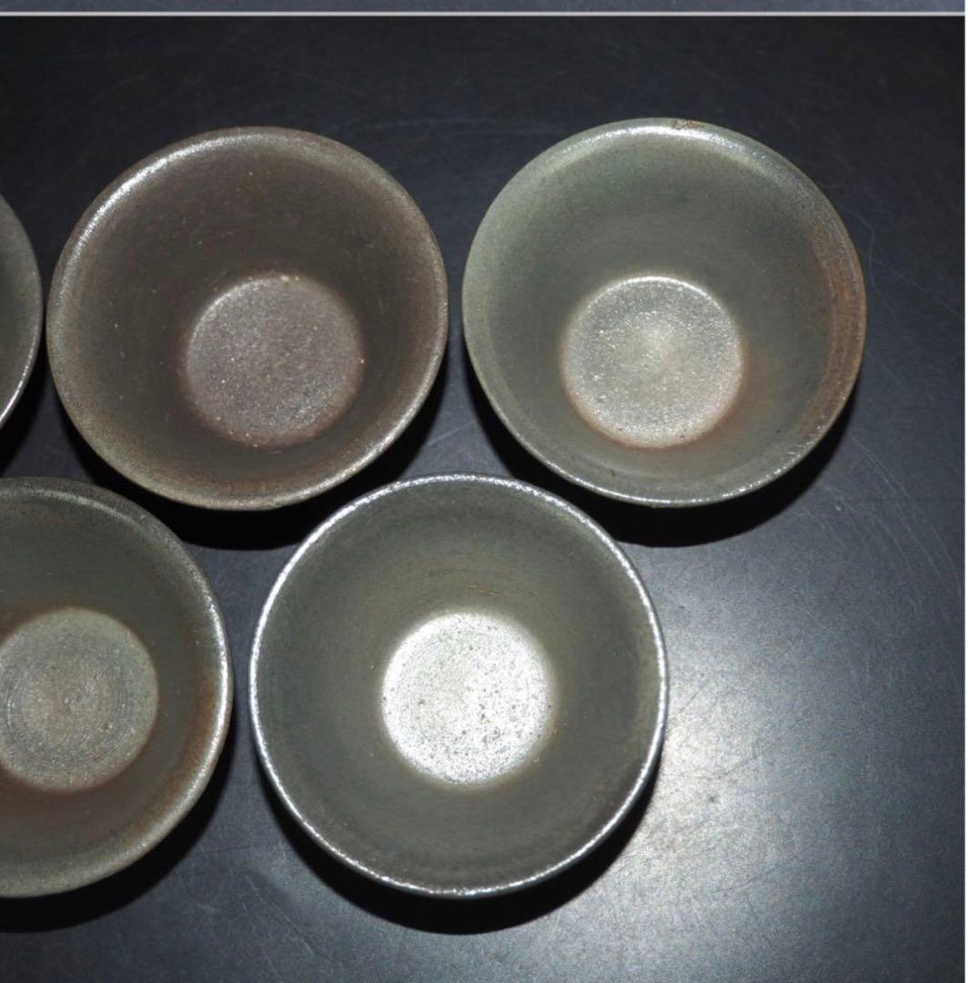 送料無料　時代物『備前金重』銘　青備前煎茶碗５客　煎茶道具