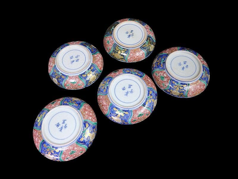 古伊万里　金襴手　団龍紋に花の図　４寸皿　５枚　307AS-fbuu