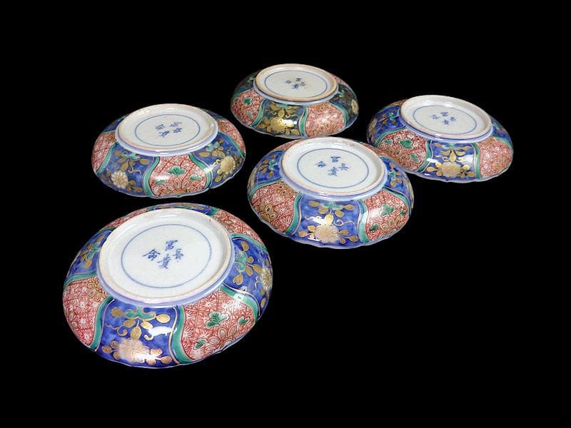 古伊万里　金襴手　団龍紋に花の図　４寸皿　５枚　307AS-fbuu