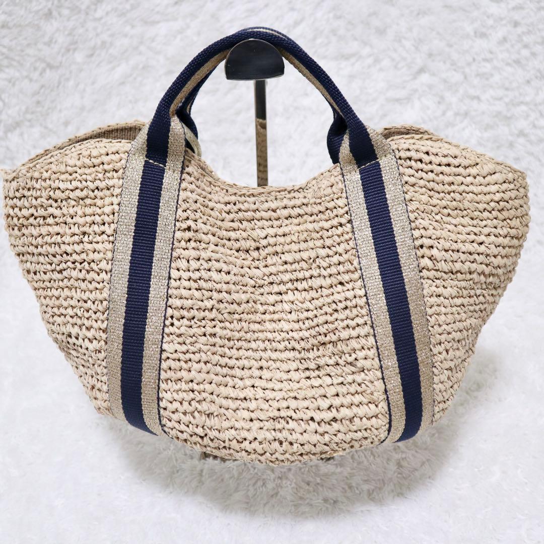 美品★ヴィオラドーロ かごバッグ ラフィア タッセル ラメ ネイビー×ゴールド