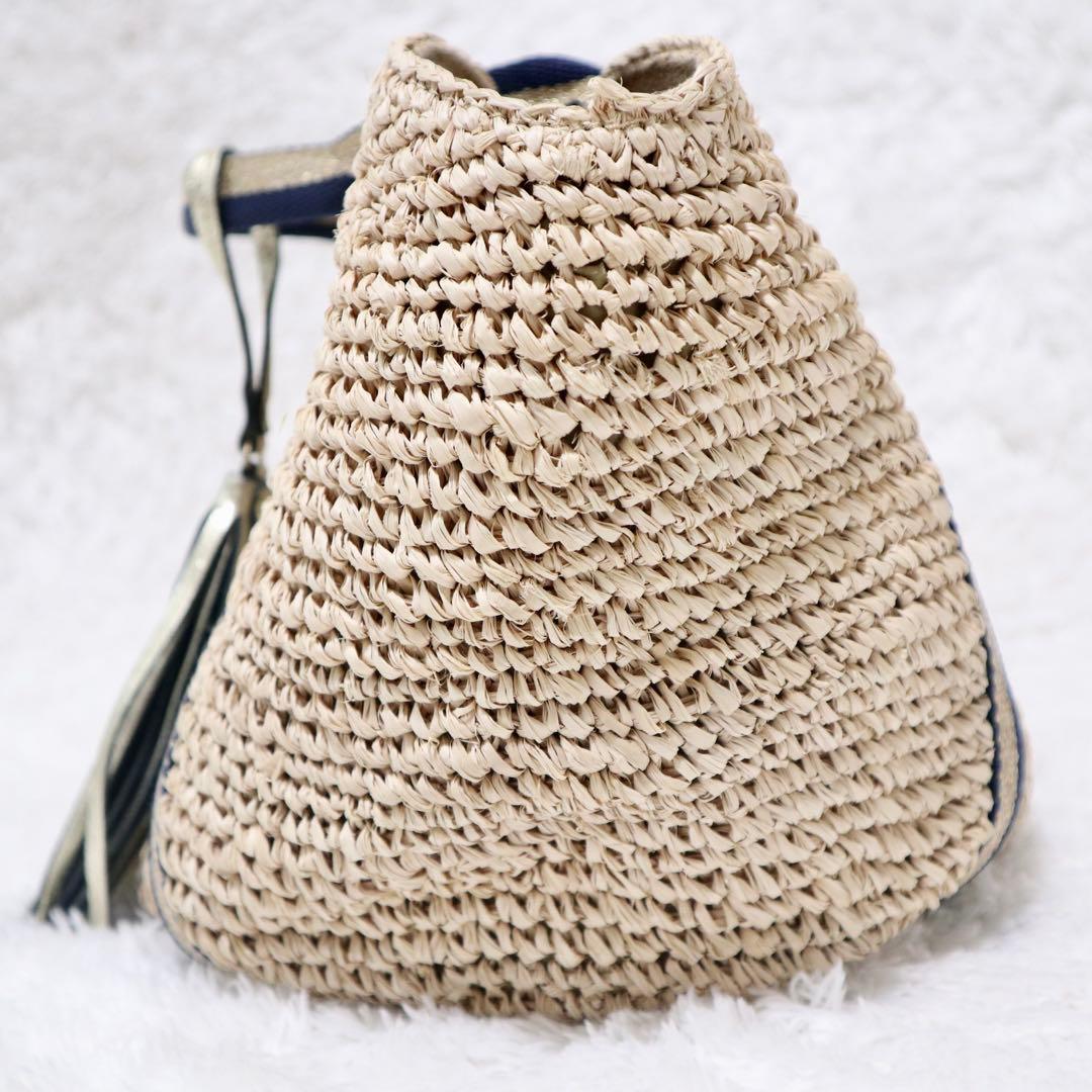 美品★ヴィオラドーロ かごバッグ ラフィア タッセル ラメ ネイビー×ゴールド