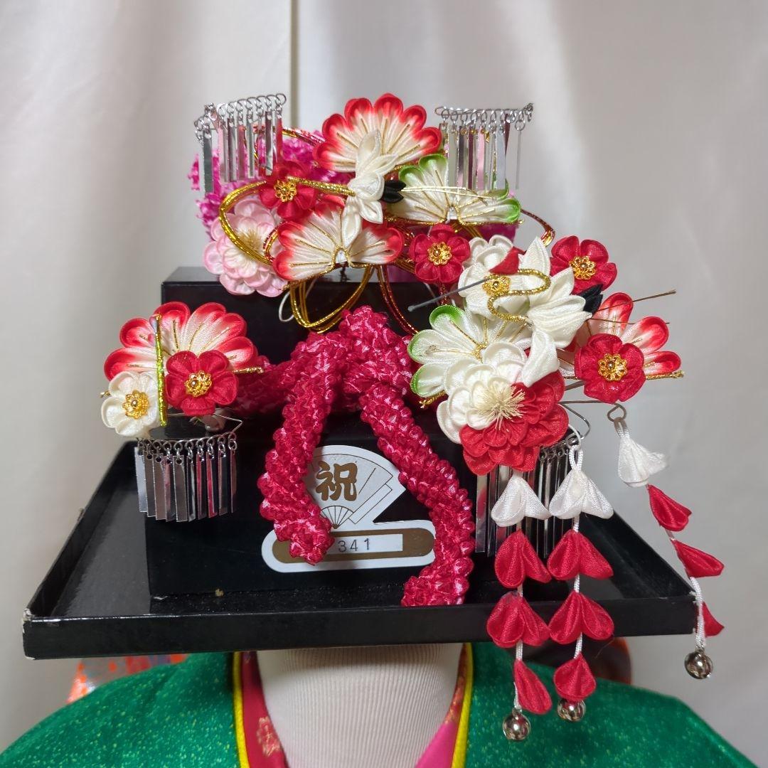 七五三７歳用 緑色着物 金通し　勝山かんざしセット付き