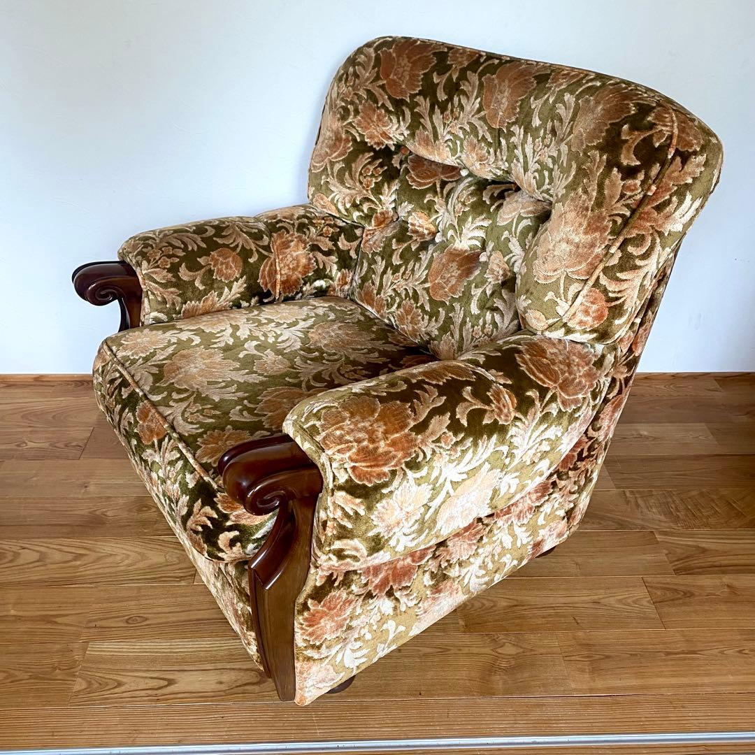 昭和レトロ オールド カリモク 金華山 1人掛け ソファー 花柄 ベロア ②