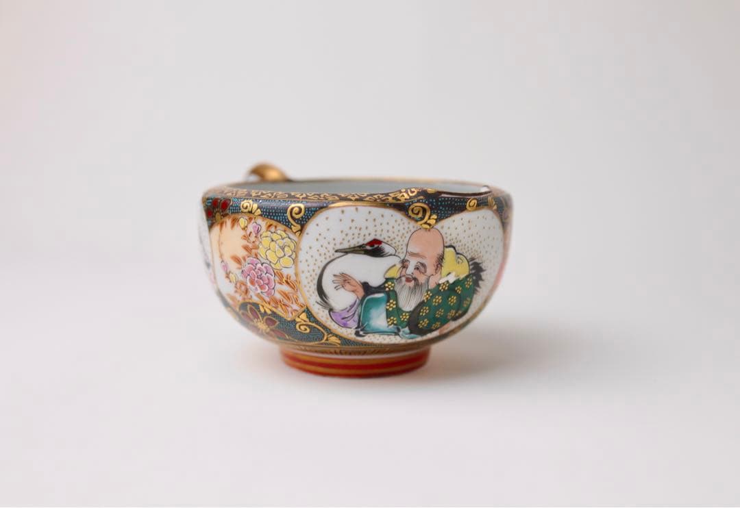 九谷焼　寿老人　細密絵　青海波　七宝図　青粒　煎茶器　急須　茶碗