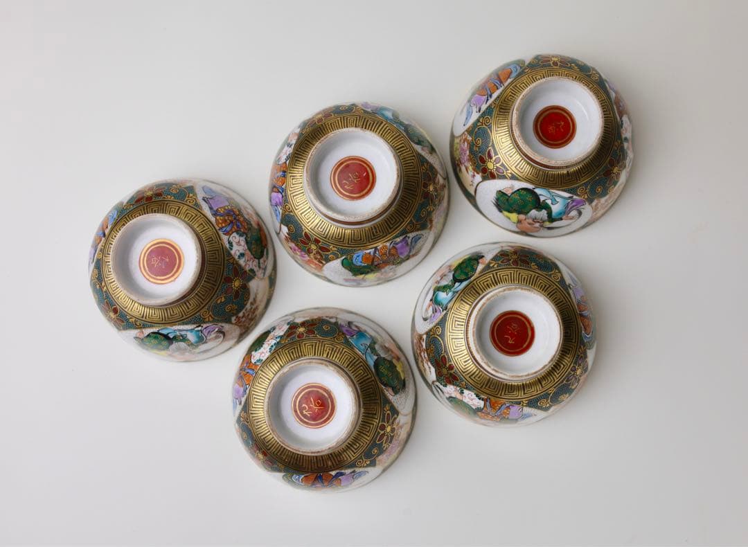 九谷焼　寿老人　細密絵　青海波　七宝図　青粒　煎茶器　急須　茶碗