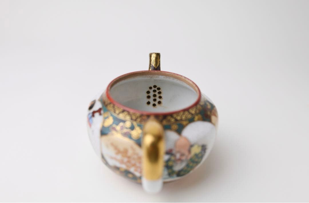 九谷焼　寿老人　細密絵　青海波　七宝図　青粒　煎茶器　急須　茶碗