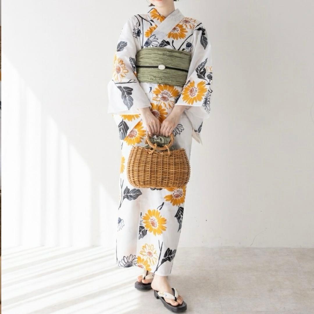 浴衣館グレース　ひまわり柄浴衣・帯・かごバッグ　髪飾りセット 【別売り 不可】