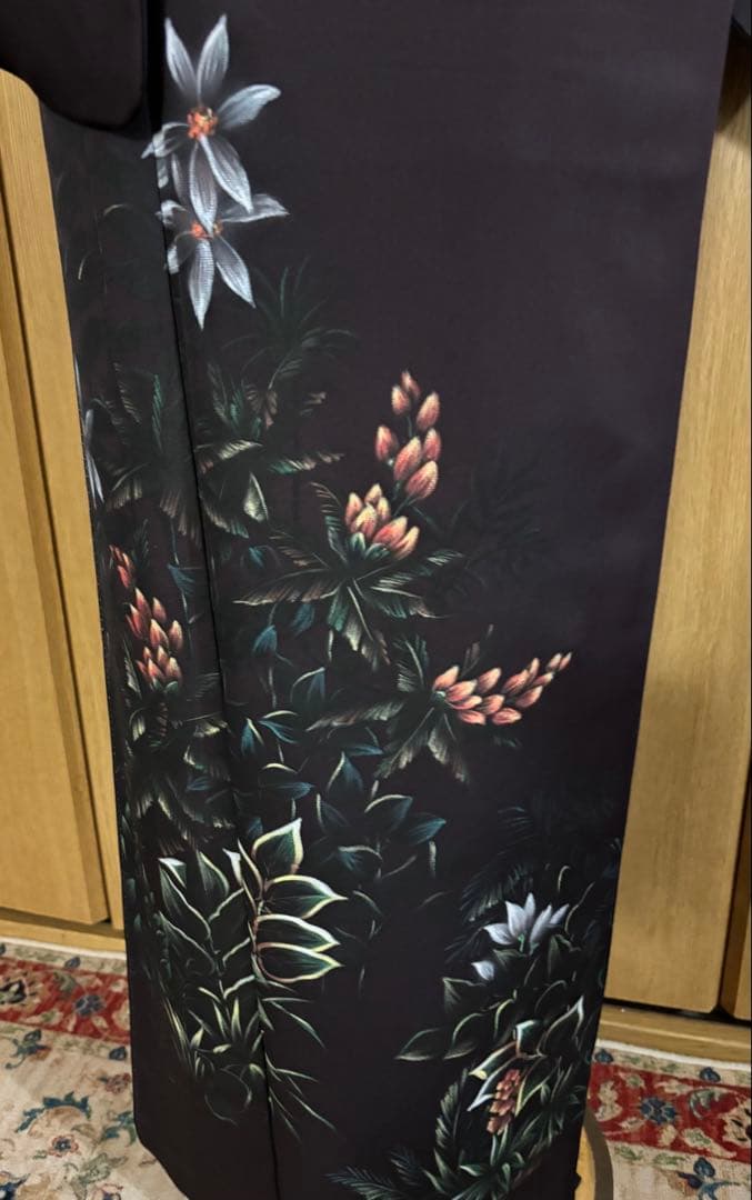 正絹付下げ トールサイズ 裄69 茶紫 油絵風 草花　身丈169.5 幻想的