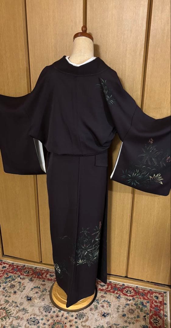 正絹付下げ トールサイズ 裄69 茶紫 油絵風 草花　身丈169.5 幻想的