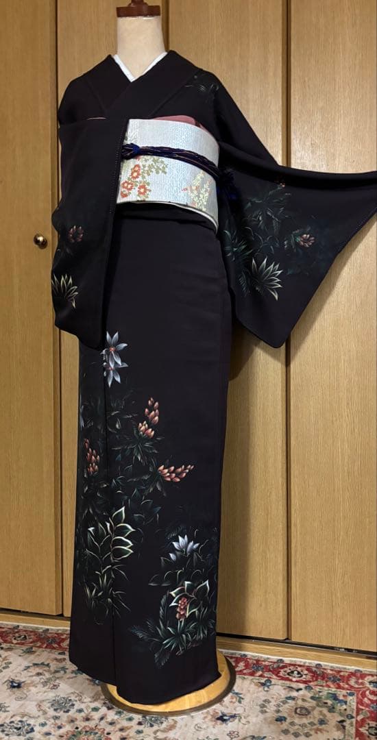 正絹付下げ トールサイズ 裄69 茶紫 油絵風 草花　身丈169.5 幻想的