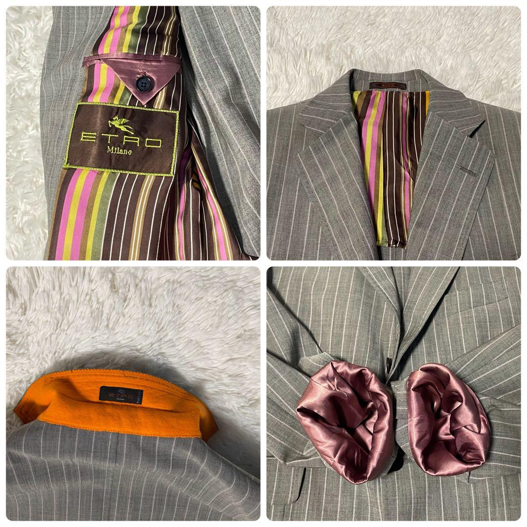 美品/ L相当　エトロ スーツ ストライプ　好配色　グレー　背抜き　イタリア製