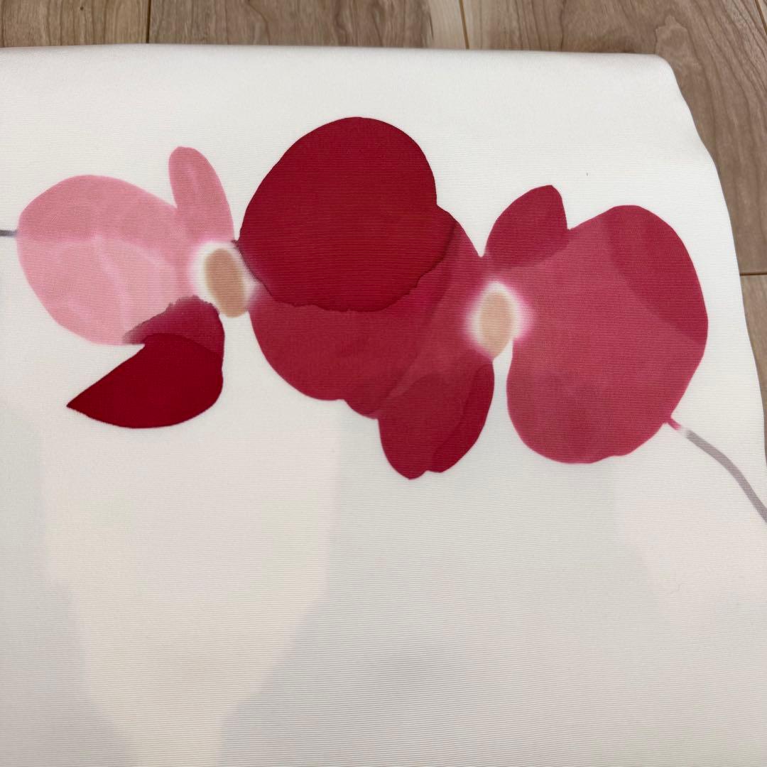 超美品　正絹　九寸　名古屋帯　着物　高久空木　白　赤　ピンク　蘭　374