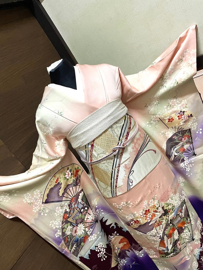 振袖 フルセット6点サイズM〜Ｌ扇子御所車鶴文　暈し染め　金糸　銀彩　正絹