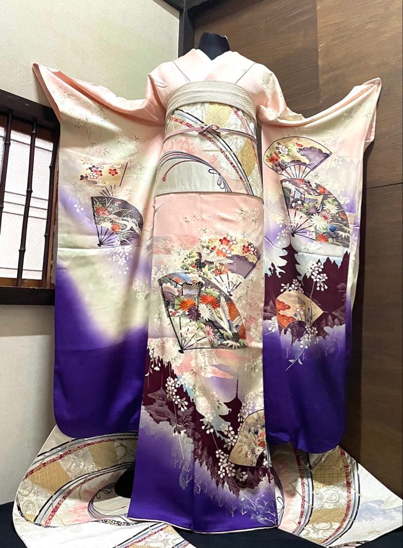 振袖 フルセット6点サイズM〜Ｌ扇子御所車鶴文　暈し染め　金糸　銀彩　正絹