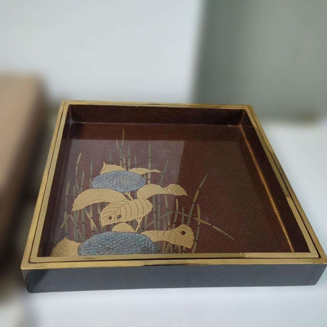 骨董　硯箱　蒔絵　紫陽花　大小　2枚組　木箱　木製　漆器