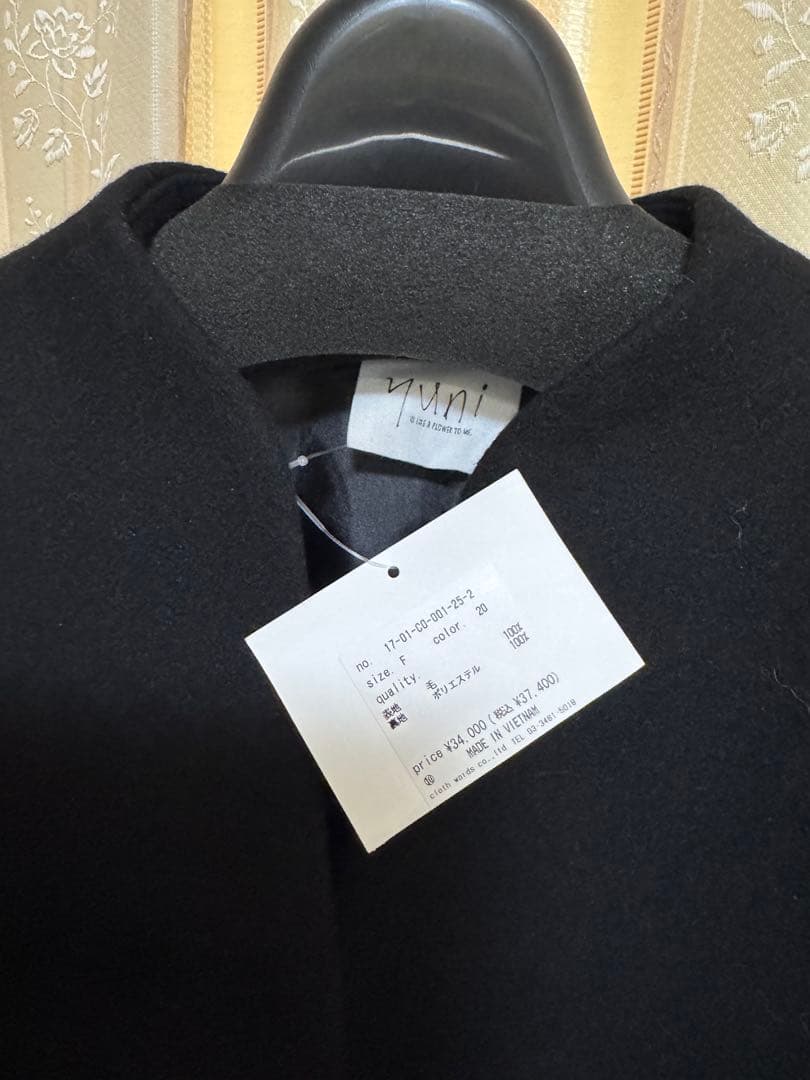 yuniノーカラーコート　ウールスーパー100 ブラック ミドル