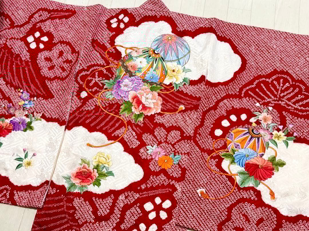 鶴　総絞り　正絹　七五三　３歳　被布　フルセット　一つ身