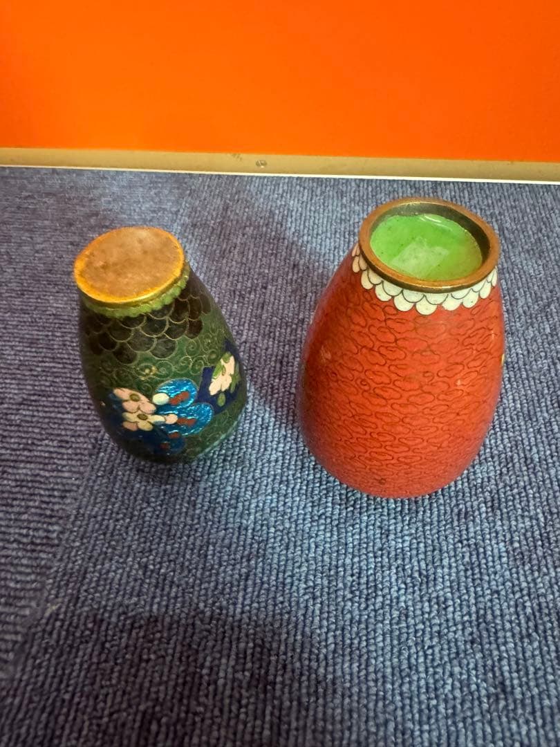 1822  七宝焼　景泰藍　花瓶2客　りんご型蓋物1客