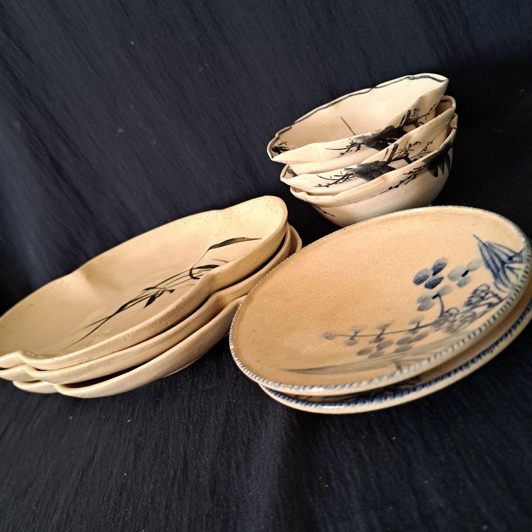 「京焼きの侘び寂び(わび-さび)」皿と小鉢の8客セット 骨董アンティーク