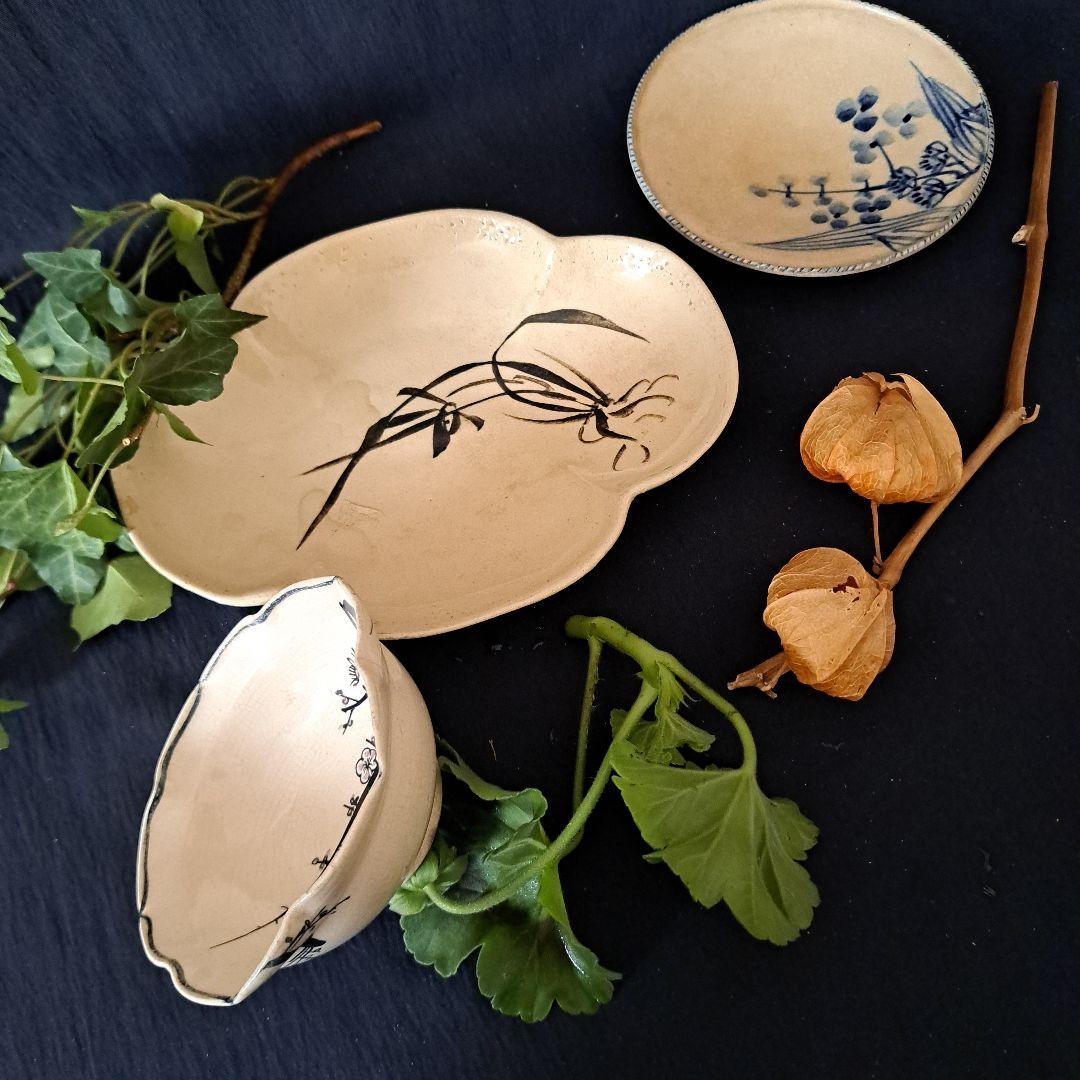 「京焼きの侘び寂び(わび-さび)」皿と小鉢の8客セット 骨董アンティーク