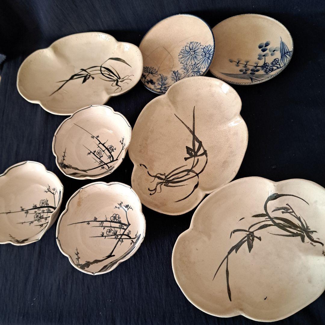 「京焼きの侘び寂び(わび-さび)」皿と小鉢の8客セット 骨董アンティーク