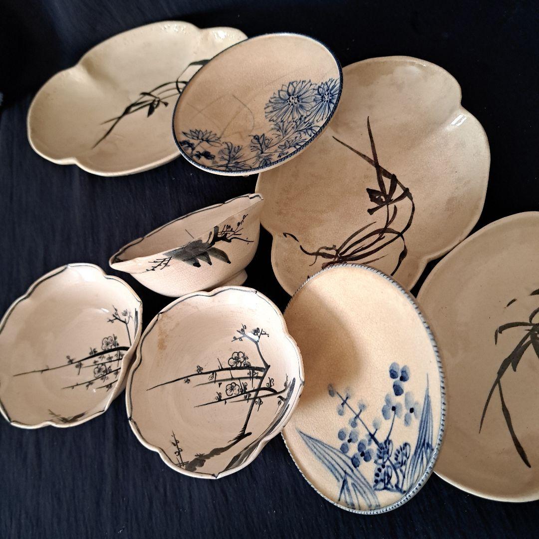 「京焼きの侘び寂び(わび-さび)」皿と小鉢の8客セット 骨董アンティーク